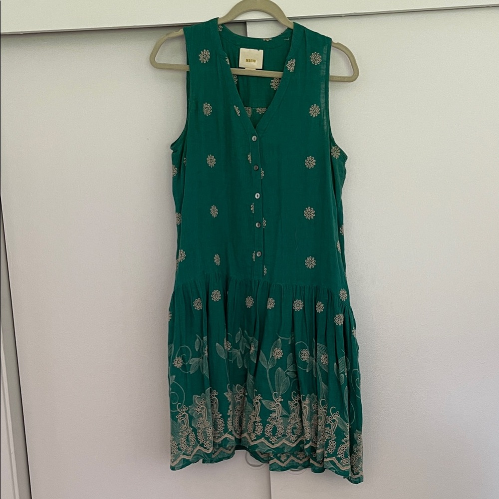 Maeve Teal and Beige Embroidered Mini Dress